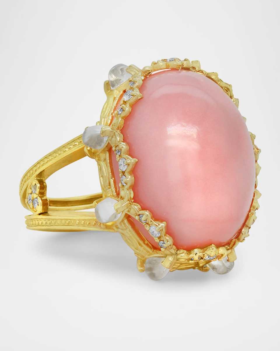 18K Yellow Gold Ring with Peruvian Opal, Rainbow Moonstones and Diamonds, Size 6.5